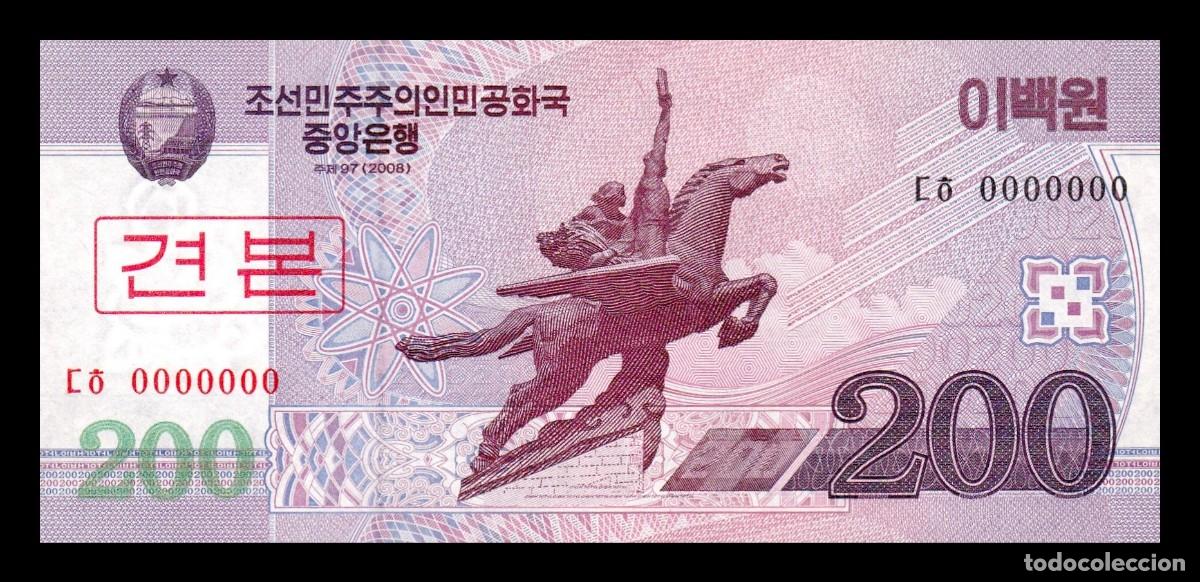 Billetes extranjeros: Corea del Norte 200 Won 2008 (2009) Pick 62s Specimen ​​​​​​​Sc Unc