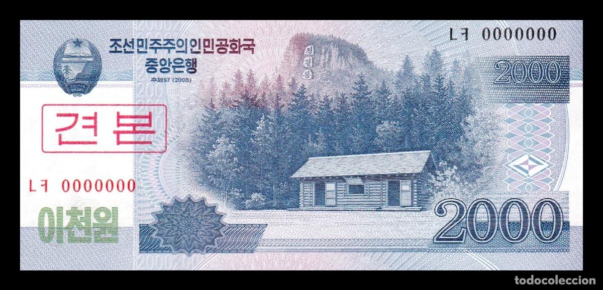 Billetes extranjeros: Corea del Norte 2000 Won 2008 (2009) Pick 65s Specimen ​​​​​​​Sc Unc