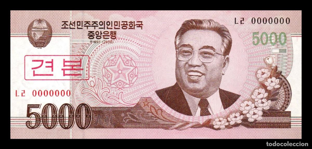 Billetes extranjeros: Corea del Norte 5000 Won Kim Il Sung 2008 (2009) Pick 66s Specimen ​​​​​​​Sc Unc