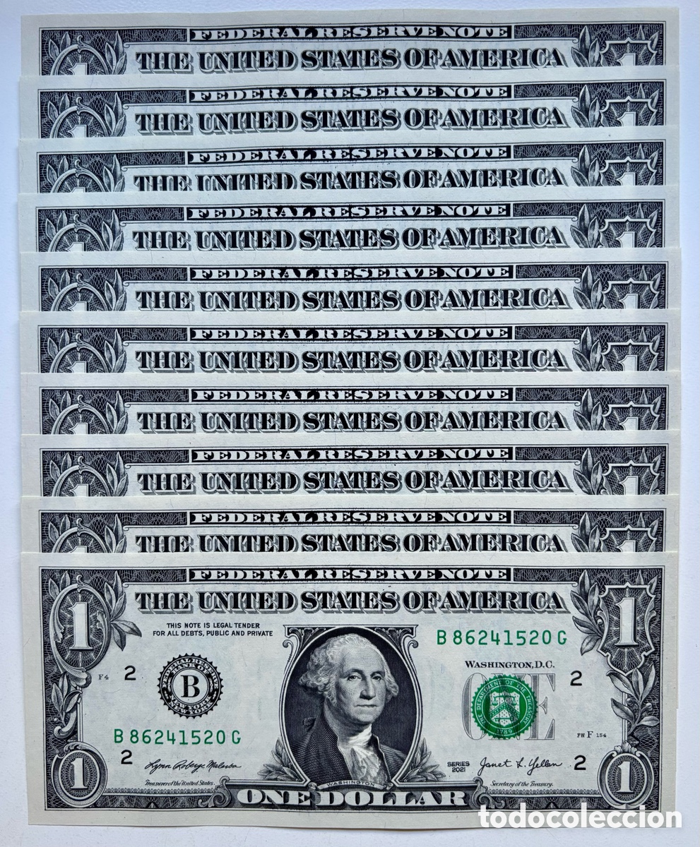 Notas Internacionais: Lote x 10 Billetes USA 1 D&oacute;lar 2021 . B Nueva York .SC Estados Unidos EEUU