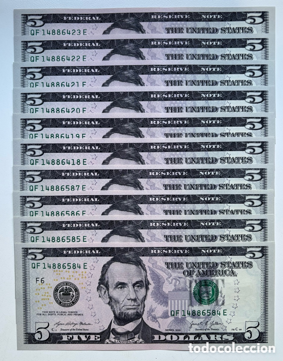 Banconote internazionali: Lote x 10 Billetes USA 5 D&oacute;lares 2021 SC Estados Unidos EEUU