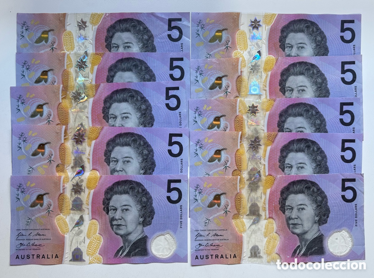 International Banknotes: Lote x 10 Billetes AUSTRALIA 5 Dolares (2016). Pol&iacute;meros
