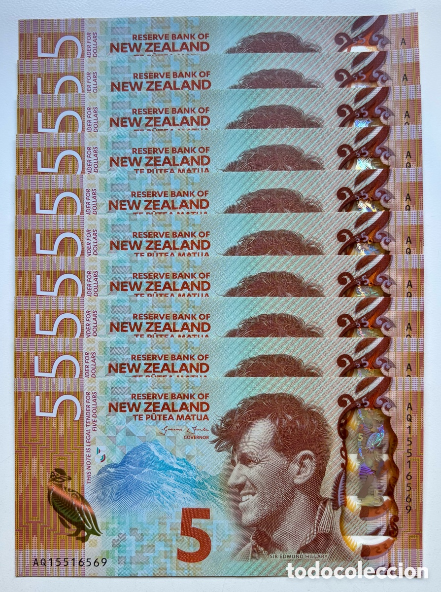 Billetes extranjeros: Lote x 10 Billetes NUEVA ZELANDA 5 D&oacute;lares (2015) SC POLIMERO