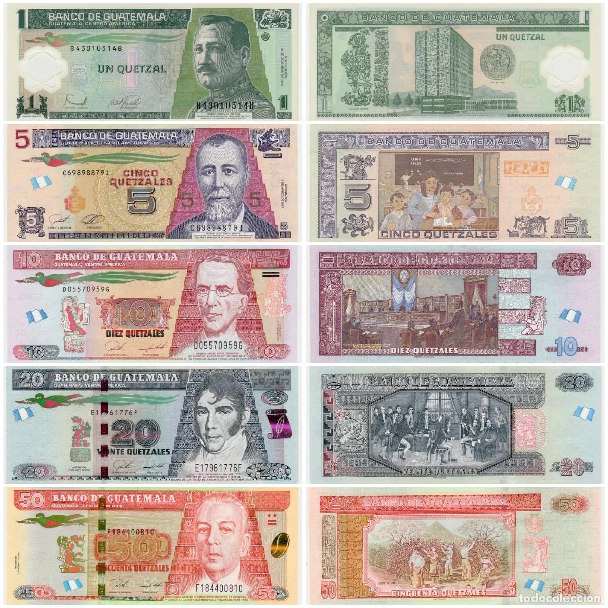 Billetes extranjeros: Guatemala Set 5 pcs 1 5 10 20 y 50 Quetzales 2006-2024 Sin Circular