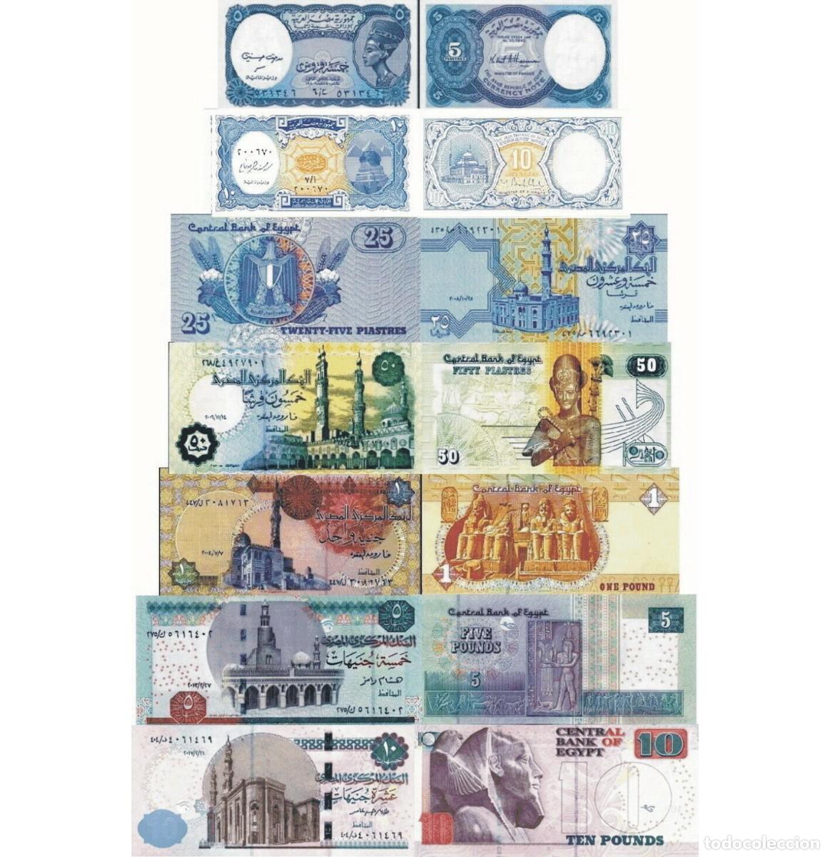 Billetes extranjeros: Egipto Set 7 pcs 5 10 25 50 Piastras & 1 5 y 10 Libras 1999-2023 Sin Circular