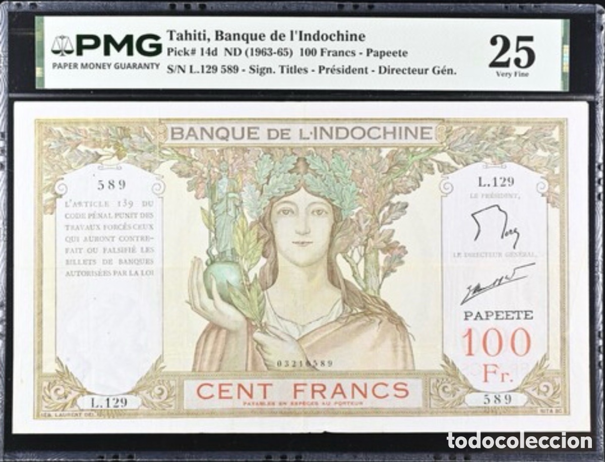 Billetes extranjeros: Billete Tahit&iacute; Indochina 100 Francs 1963 PMG 25 p14d