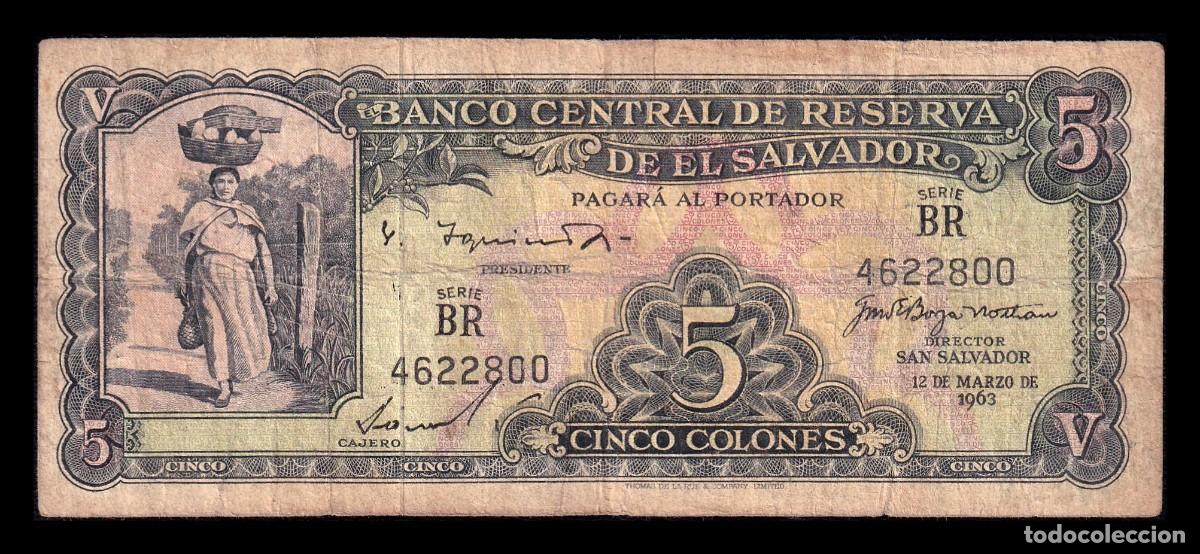 Billetes extranjeros: El Salvador 5 Colones 1963 Pick 102b Bc F