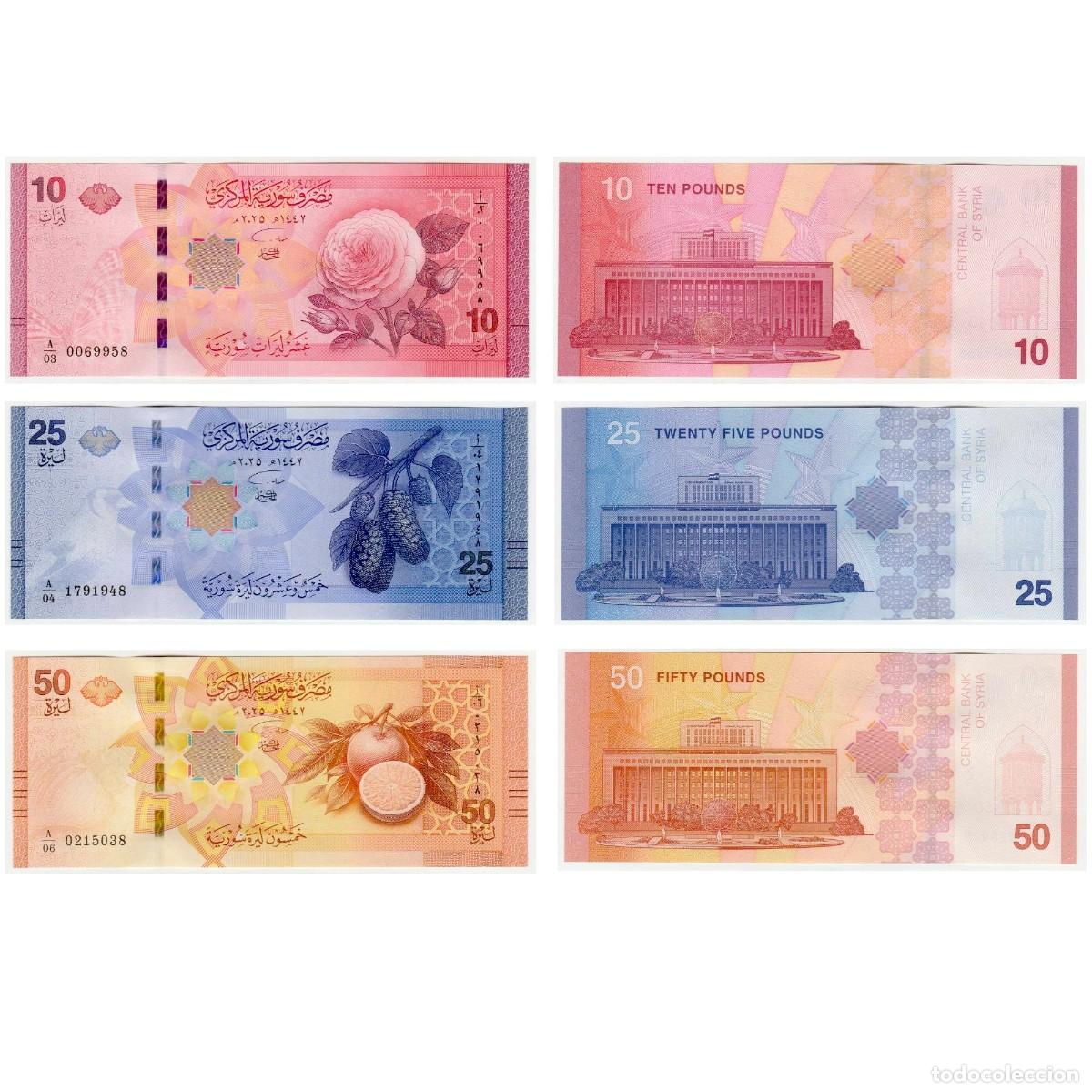 Billetes extranjeros: Siria Set 3 pcs 10 25 50 Libras 2025 (2026) Sin Circular (el billete de la foto)