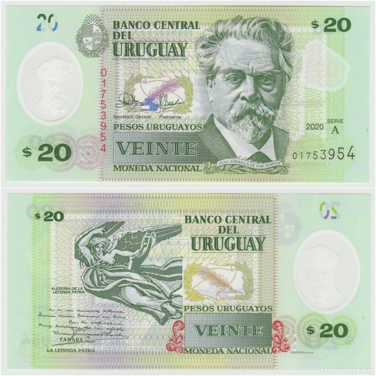 Billetes extranjeros: URUGUAY 20 Pesos 2020 n/s 01753954 Pol&iacute;mero Sin Circular (el de la foto)