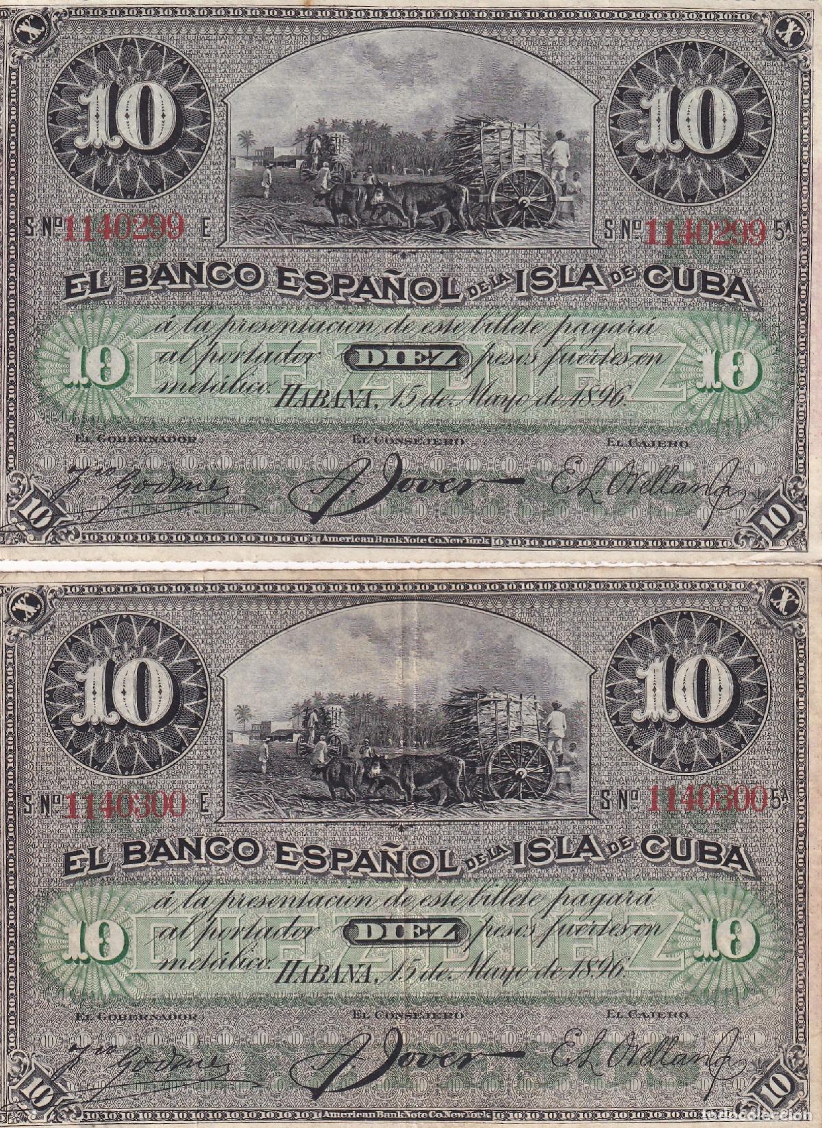 Billetes extranjeros: CRBX3509 PAREJA CORRELATIVA CUBA ESTADO ESPA&Ntilde;OL 10 PESOS 1896 MBC+