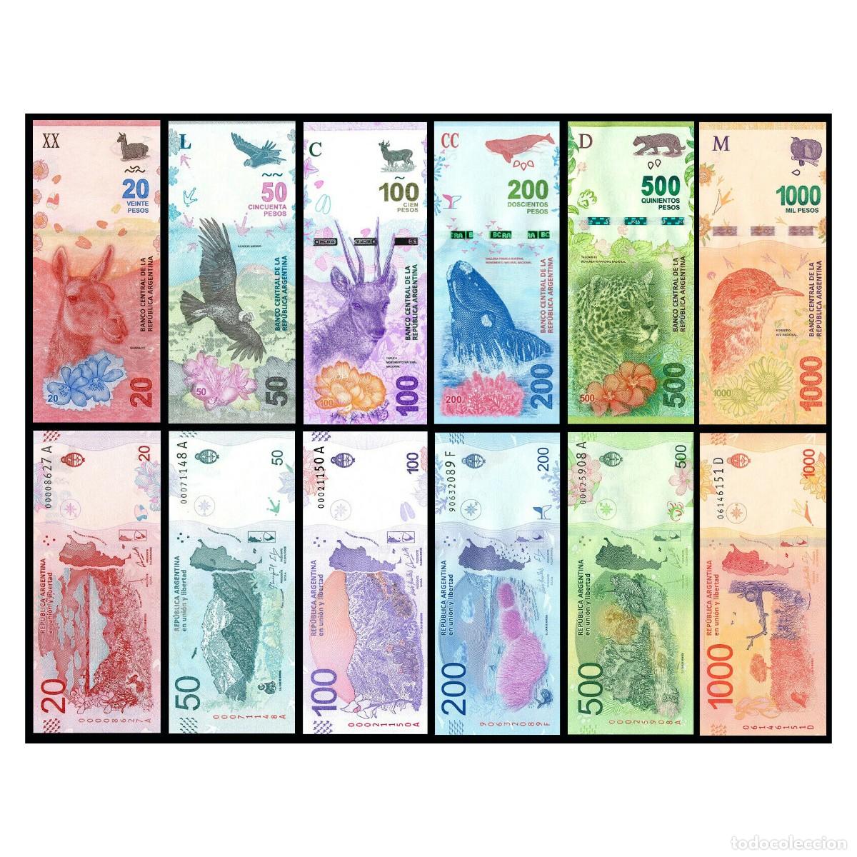 Billetes extranjeros: Argentina Set 6 pcs 20 50 100 200 500 1000 Pesos 2016-2024 Sin Circular