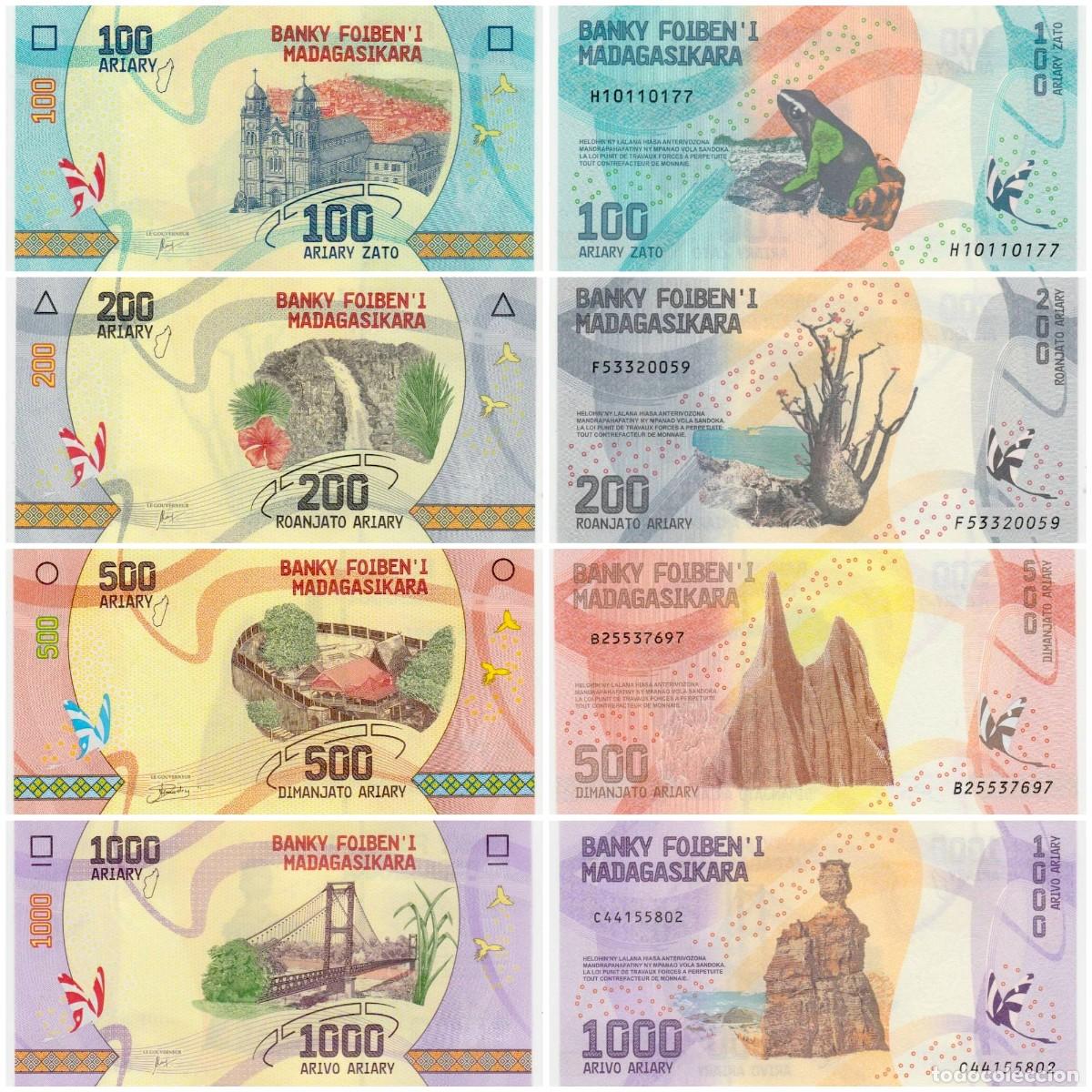 Billetes extranjeros: Madagascar Set 4 pcs 100 200 500 1000 Ariary 2017 Sin Circular