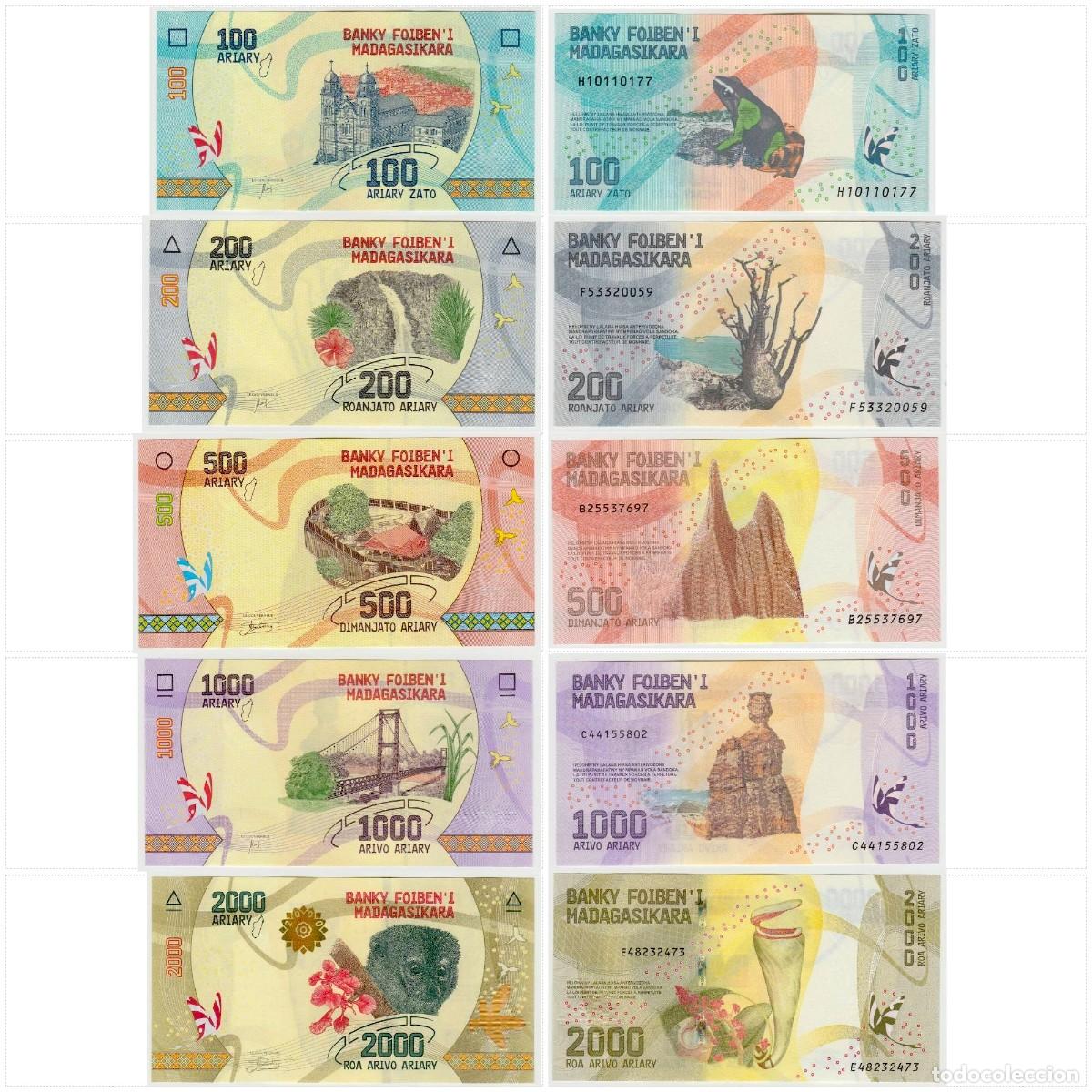 Billetes extranjeros: Madagascar Set 5 pcs 100 200 500 1000 2000 Ariary 2017 Sin Circular