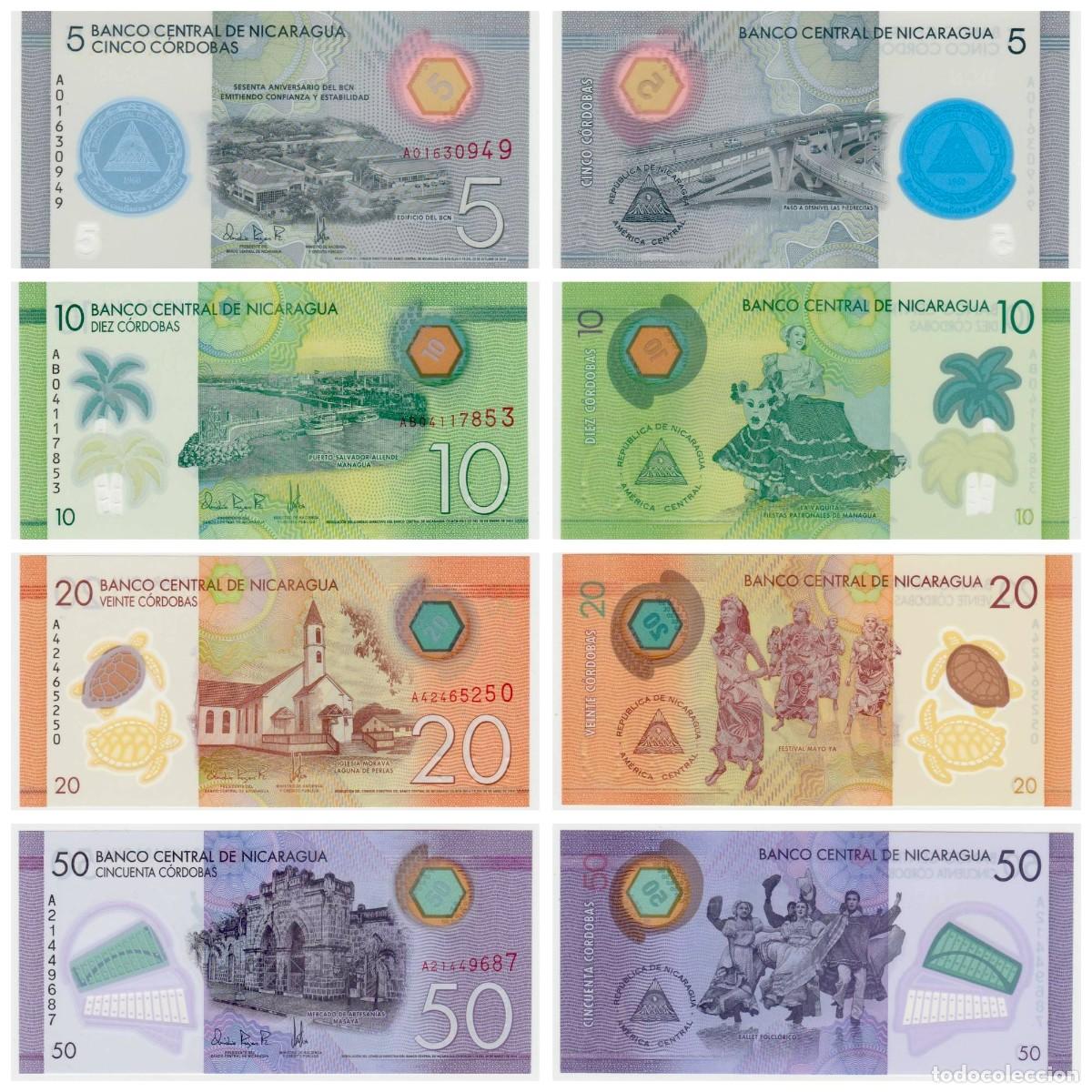 Billetes extranjeros: Nicaragua Set 4 pcs 5 10 20 50 Cordobas 2014-2022 Polymer UNC