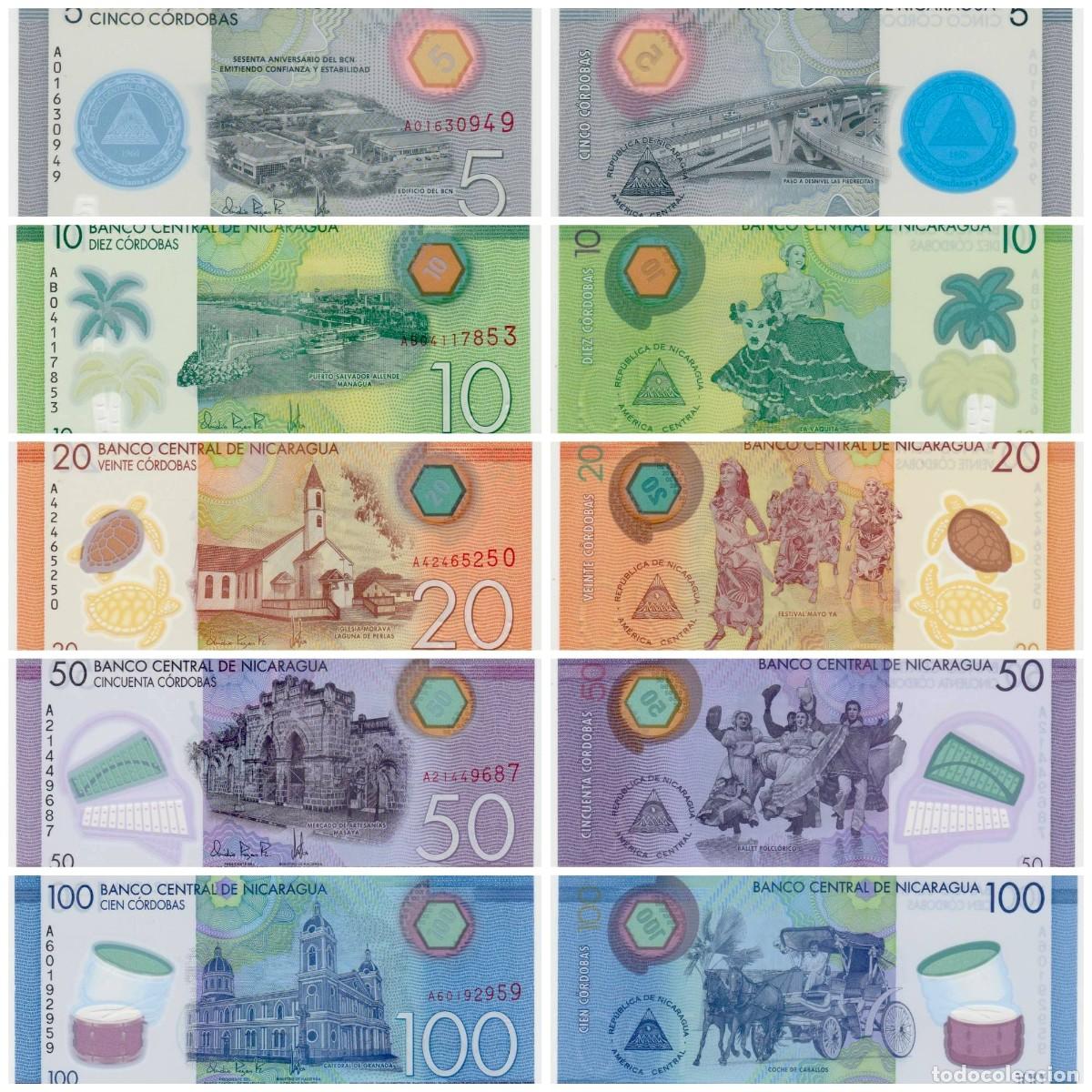 Billetes extranjeros: Nicaragua Set 5 pcs 4 10 20 50 y 100 C&oacute;rdobas 2014-2022 Pol&iacute;meros Sin Circular