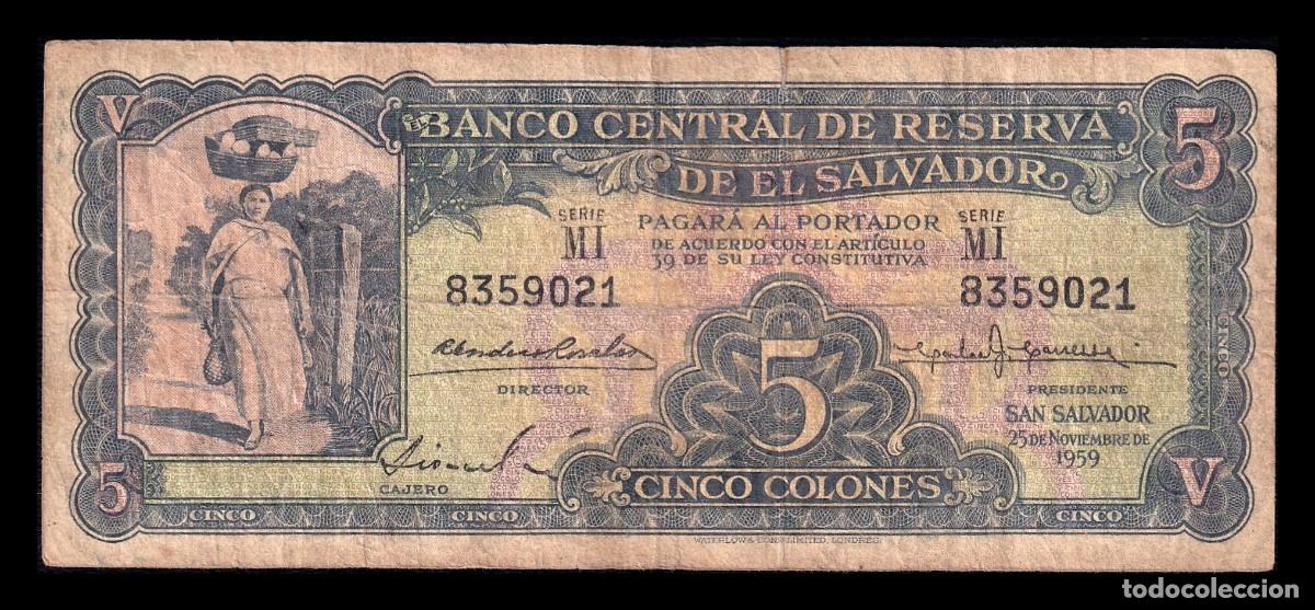 Billetes extranjeros: El Salvador 5 Colones 1959 Pick 92c Bc F