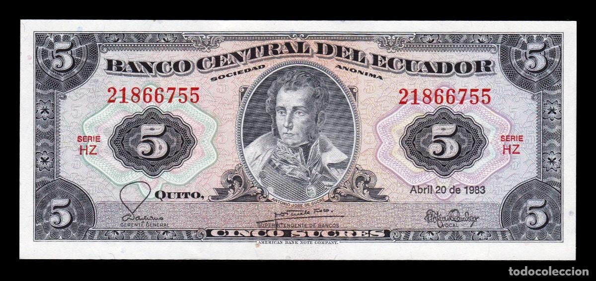Billetes extranjeros: Ecuador 5 Sucres Antonio Jos&eacute; de Sucre 1983 Pick 108b(6) Serie HZ Ebc Xf
