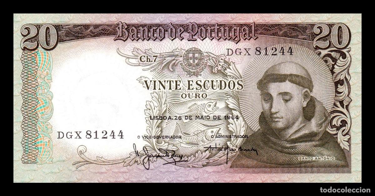 Billetes extranjeros: Portugal 20 Escudos San Ant&oacute;nio 1964 Pick 167b(8) Sc Unc