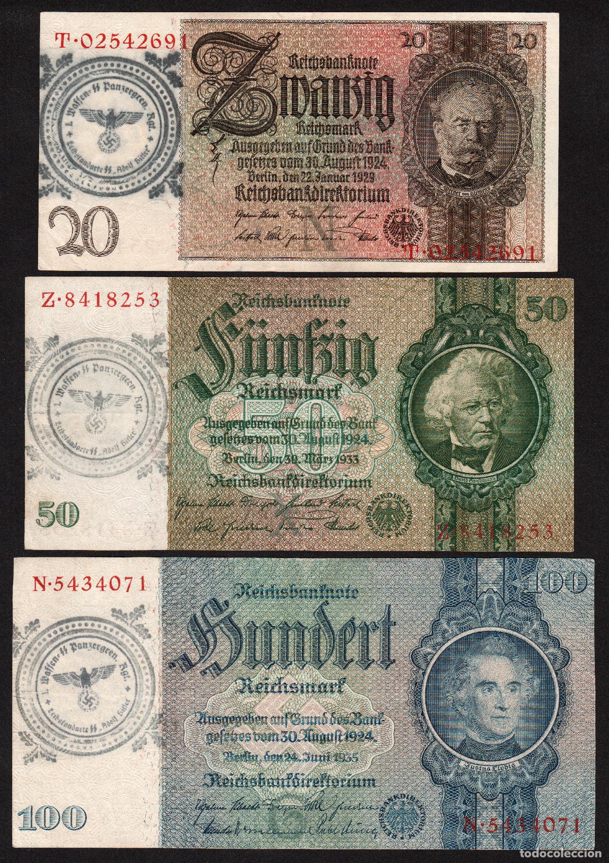International Banknotes: ALEMANIA. III Reich. 20, 50, 100 reichsmark 1929-1935. Ver sello de sobrecarga.