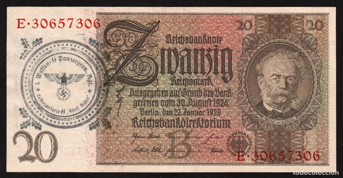 Banconote internazionali: ALEMANIA. III Reich. 20 reichsmark 1929. Ver sello de sobrecarga.