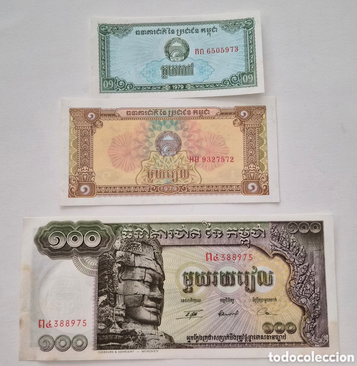 Billetes extranjeros: Camboya &ndash; Lote 3 Billetes &ndash; 0,1, 1 y 100 Rieles &ndash; 1979 y Serie Hist&oacute;rica