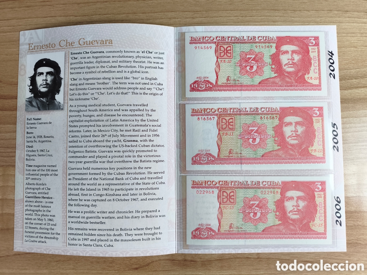 Billetes extranjeros: Carpeta con 3 billetes 3 pesos Cuba Che Guevara