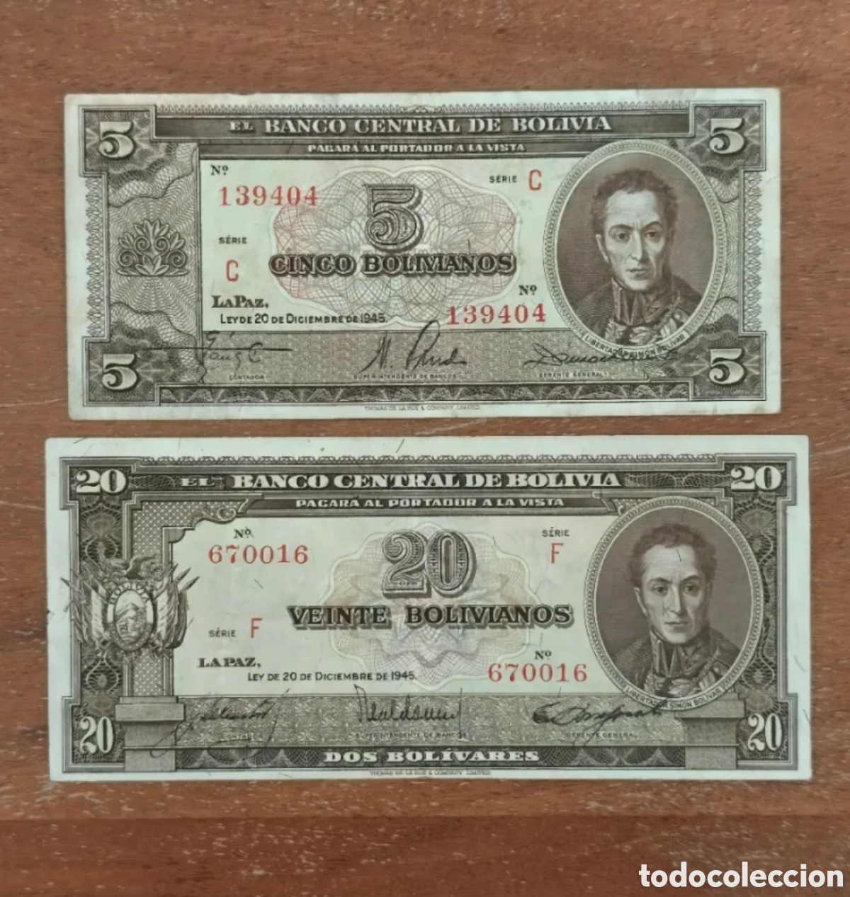 Billetes extranjeros: Lote 2 billetes Bolivia 1945