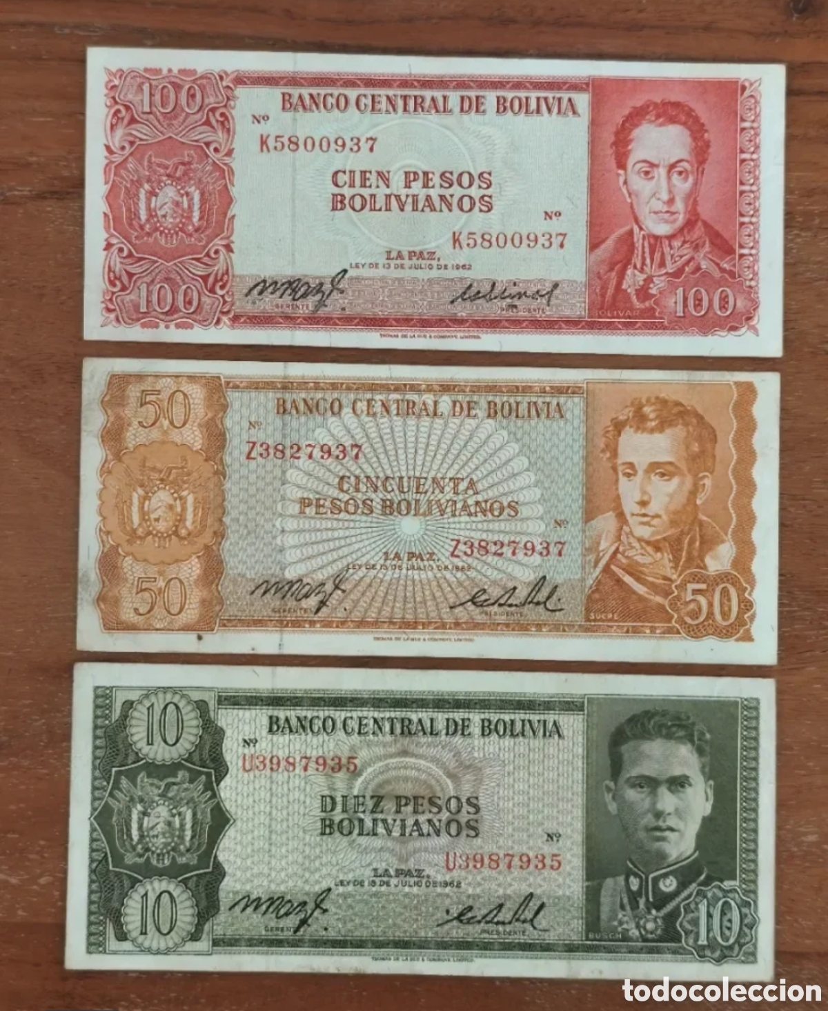 Internationale Banknoten: Lote 3 billetes Bolivia 1962