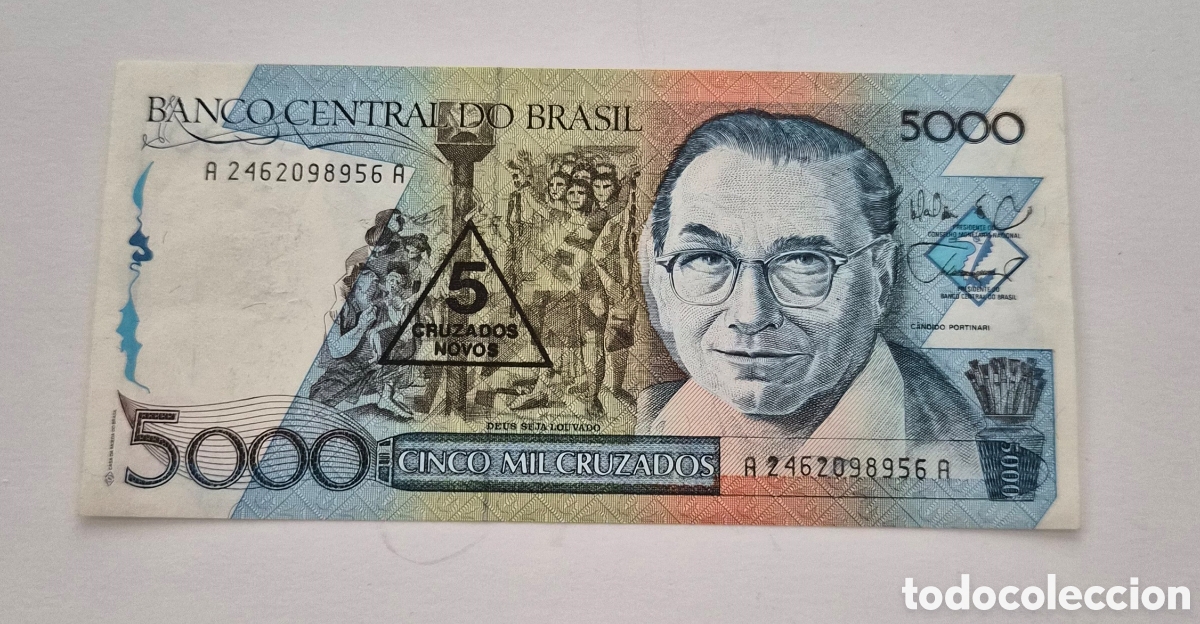 Billetes extranjeros: Brasil &ndash; 5 Cruzados Nuevos sobre 5.000 Cruzados &ndash; Carlos Chagas &ndash; Billete