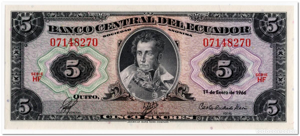 Billetes extranjeros: ECUADOR,5 SUCRES,1966,P.100c,UNC