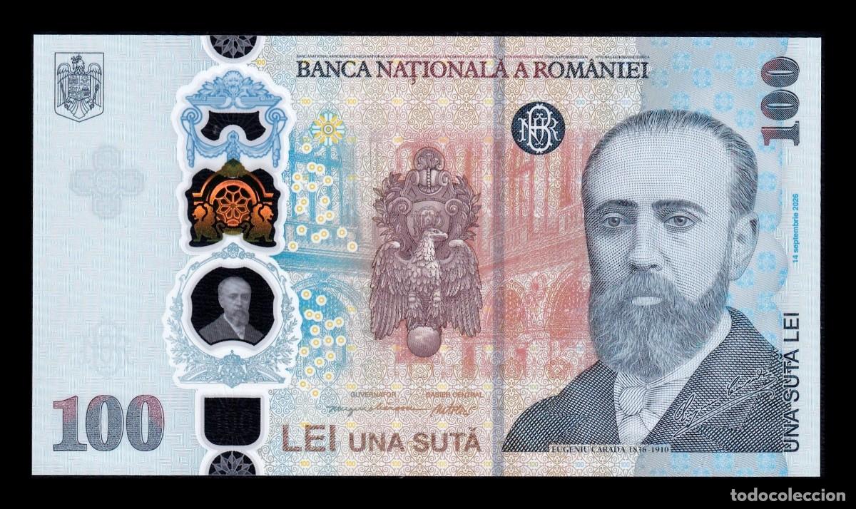 Billetes extranjeros: Ruman&iacute;a 100 Lei Conmemorativo Eugeniu Carada 2026 Pick 128 Nuevo Pol&iacute;mero En folder Sc Unc