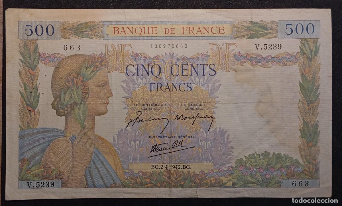 Billetes extranjeros: Francia 500 francos 1942 pick 95 (MBC)