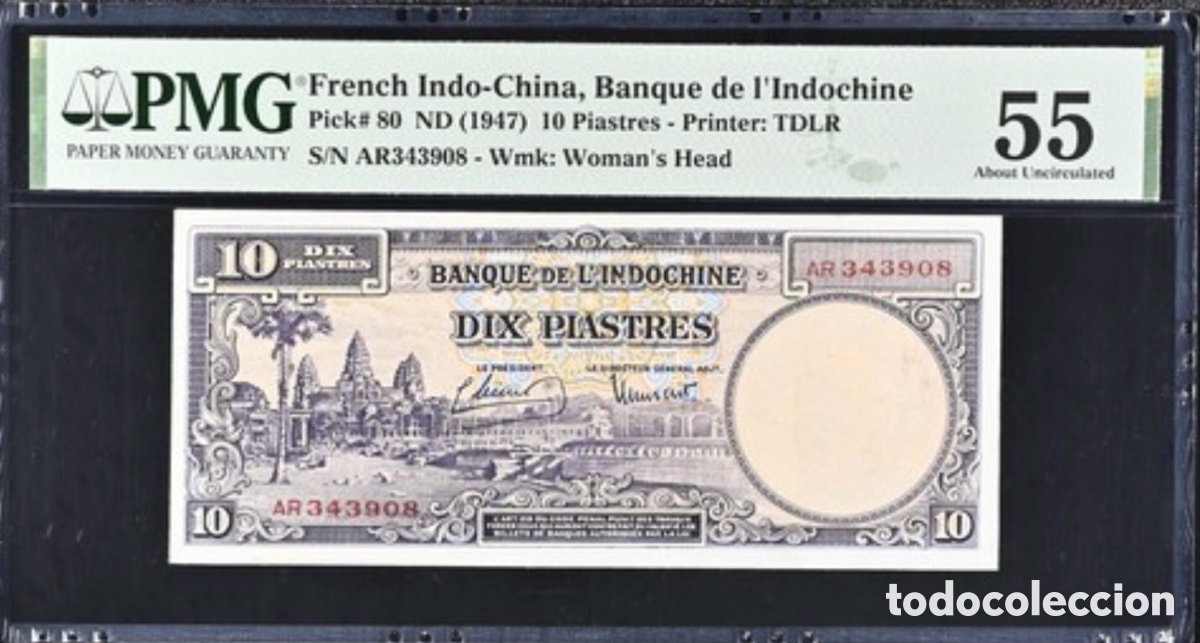 Billetes extranjeros: Billete French Indochina 10 Piastres 1945 PMG 55 p80
