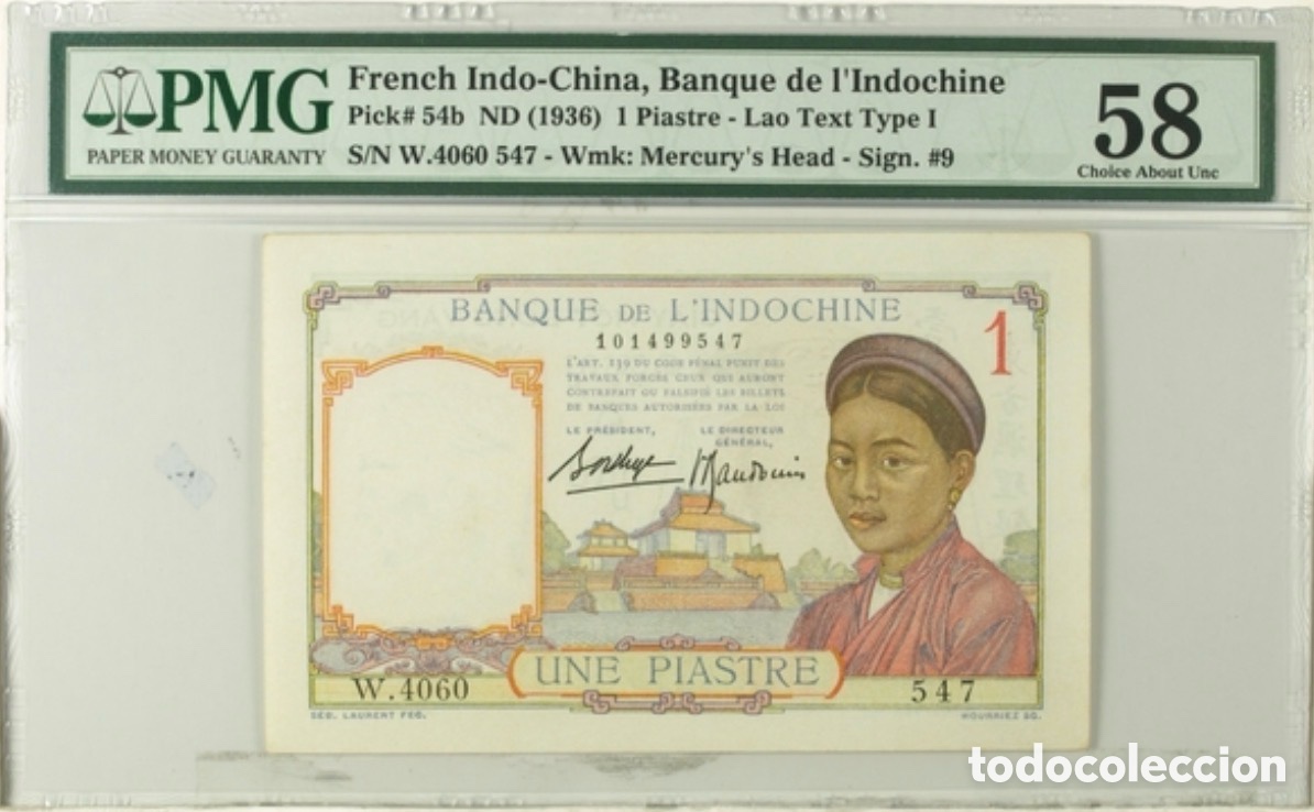 Billetes extranjeros: Billete French Indochina 1 Piastre 1936 PMG 58 p54b