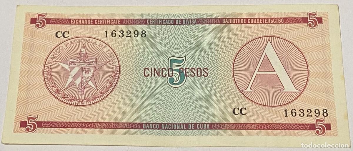 Billetes extranjeros: Billete 1985. 5 Pesos. Cuba. Serie A. Certificado de Divisa. Banco Nacional de Cuba. MBC. Castillo