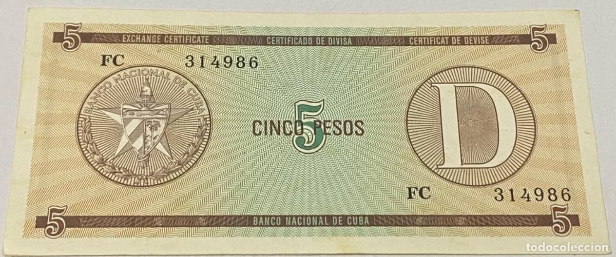 Billetes extranjeros: Billete 1985. 5 Pesos. Cuba. Serie D. Certificado de Divisa. Banco Nacional de Cuba. SC Sin Circular