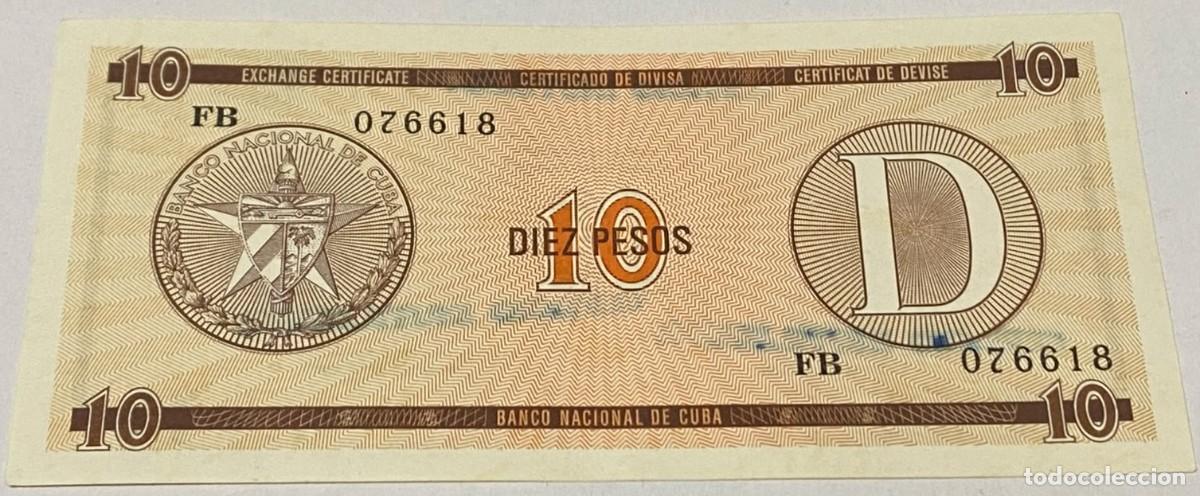 Billetes extranjeros: Billete 1985. 10 Pesos. Cuba. Serie D. Certificado de Divisa. Banco Nacional de Cuba. MBC+. Muy Buen