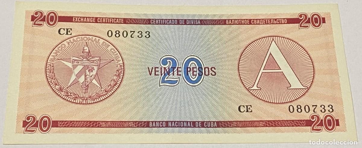 Billetes extranjeros: Billete 1985. 20 Pesos. Cuba. Serie A. Certificado de Divisa. Banco Nacional de Cuba. SC. Castillo