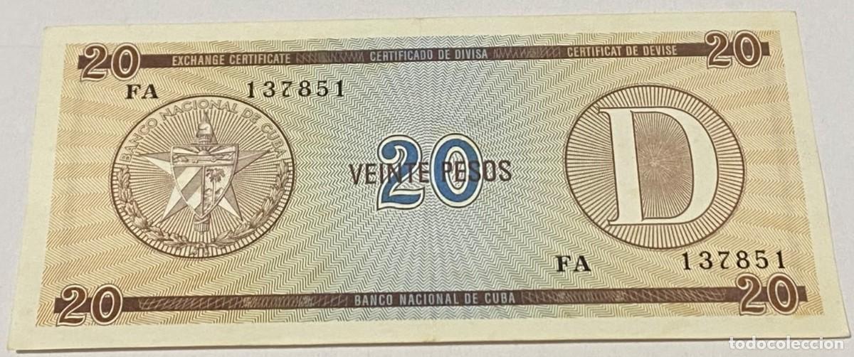 Billetes extranjeros: Billete 1985. 20 Pesos. Cuba. Comandante Fidel Castro. Serie D. Certificado de Divisa