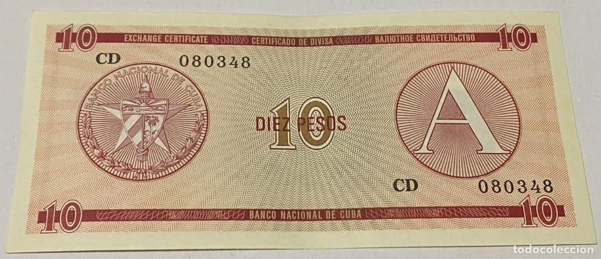 Billetes extranjeros: Billete 1985. 10 Pesos. Cuba. Serie A. Certificado de Divisa. MBC+. Fidel Castro. Castillo Nuestra