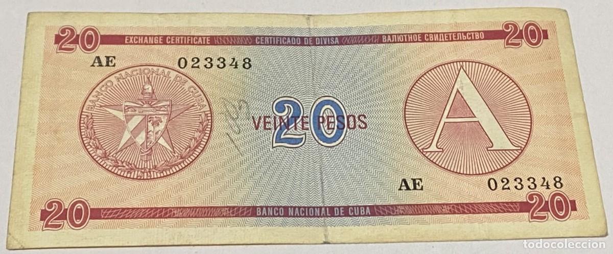 Billetes extranjeros: Billete 1985. 20 Pesos. Cuba. Serie A. Certificado de Divisa. Banco Nacional de Cuba. MBC. Castillo
