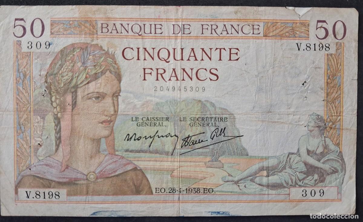 Billetes extranjeros: Francia 50 francos 1938 pick 85B (BC+)