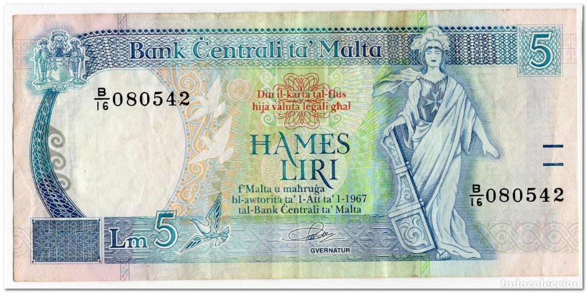 Billetes extranjeros: MALTA,5 LIRI,1994,P.46a,F -VF