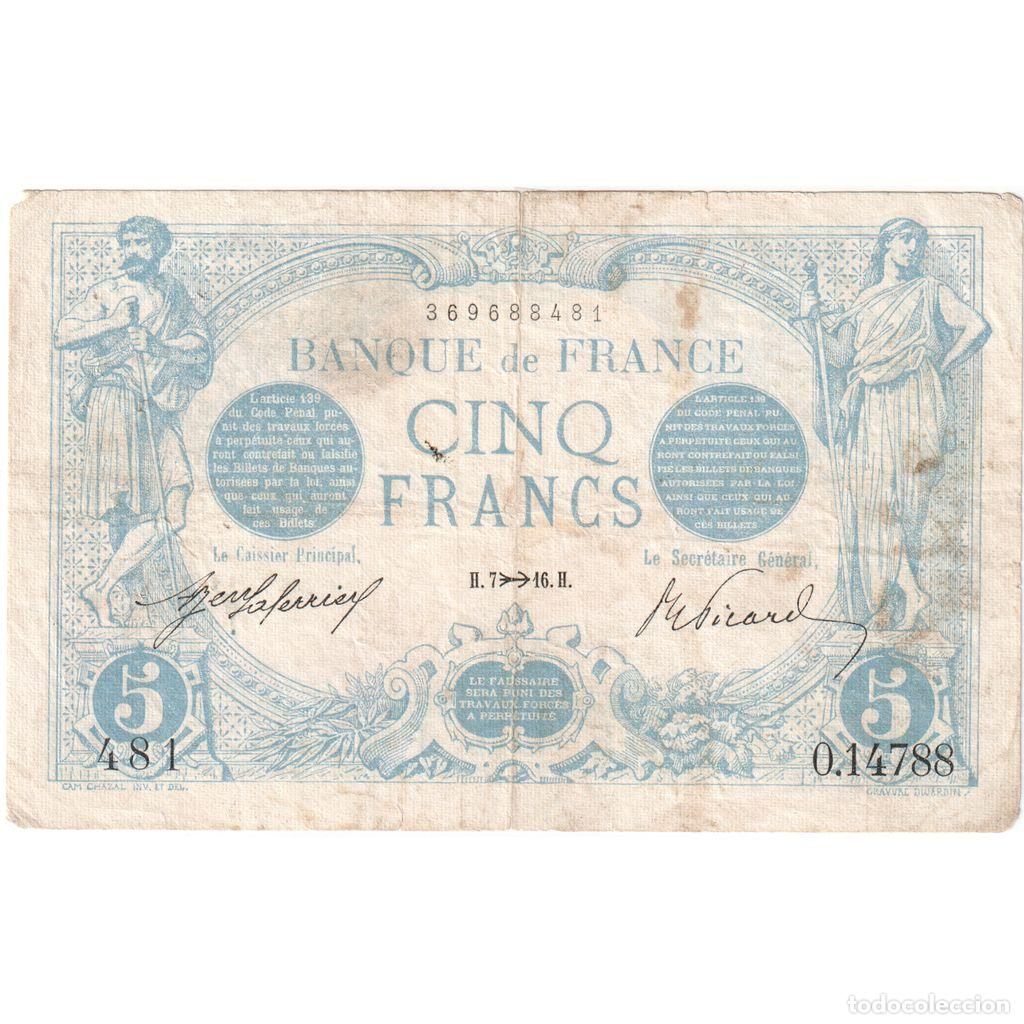 Billetes extranjeros: [#1185532] Francia, 5 Francs, Bleu, 1916-11-07, O.14788, BC+