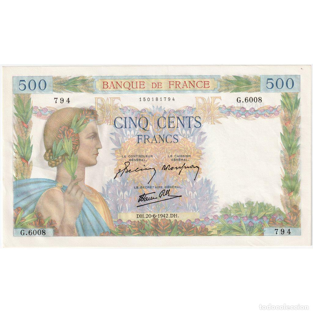 Billetes extranjeros: [#1185497] Francia, 500 Francs, La Paix, 1942-06-20, G.6008, MBC+