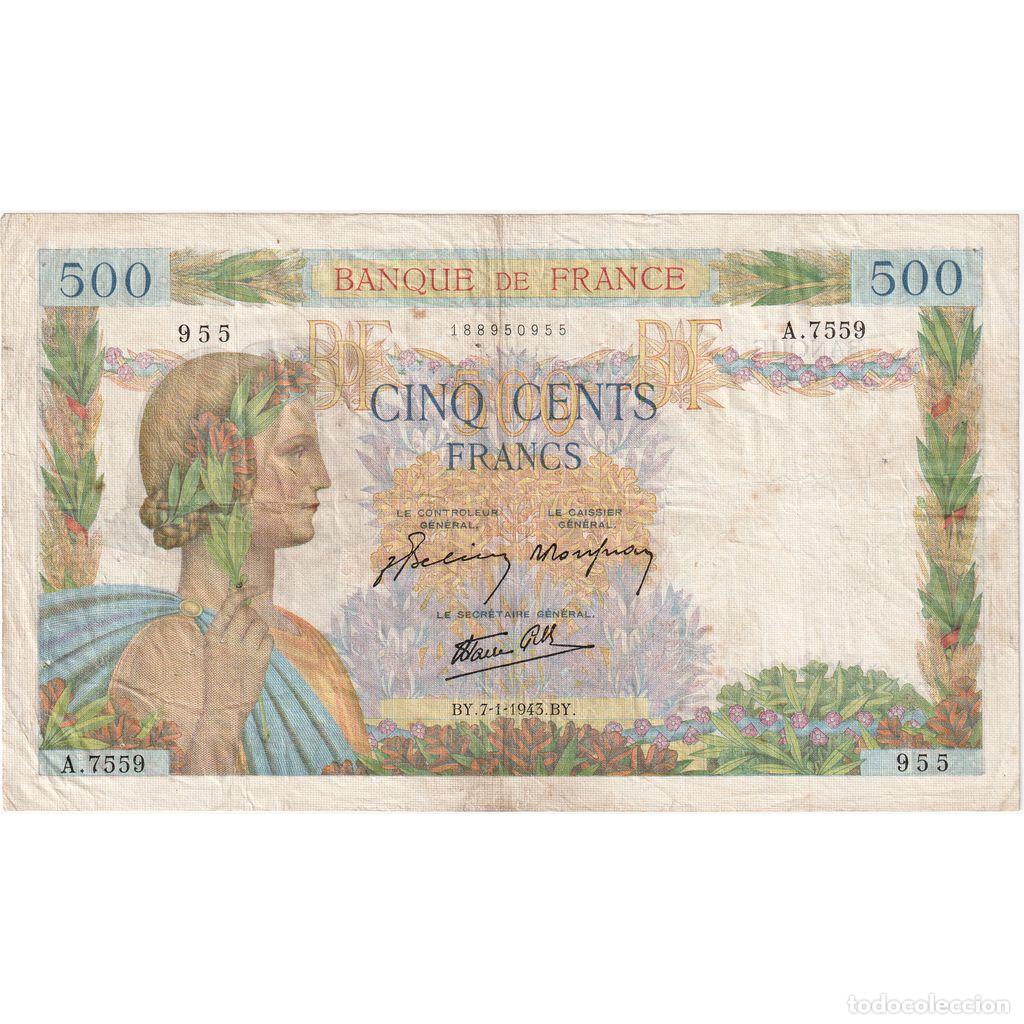 Billetes extranjeros: [#1185503] Francia, 500 Francs, La Paix, 1943-01-07, A.7559, BC