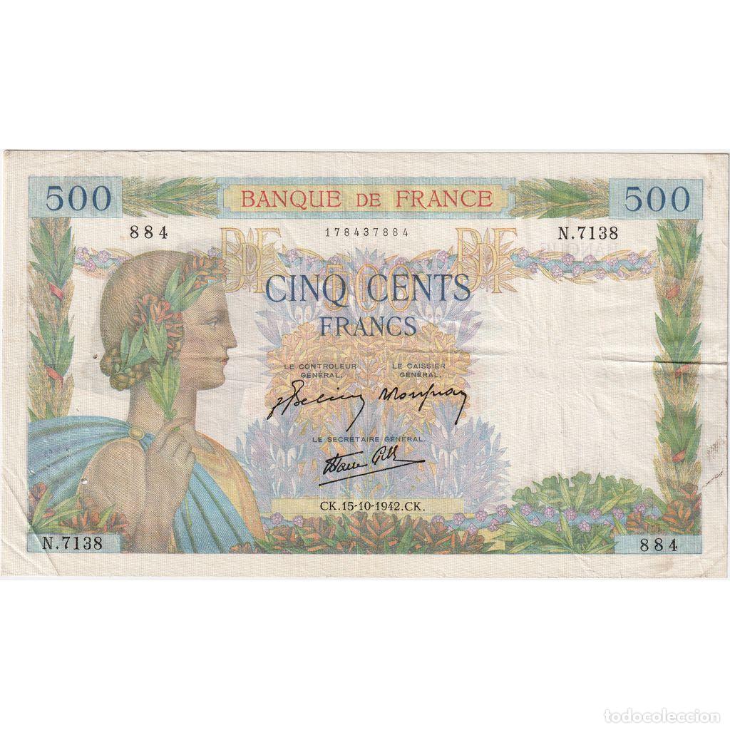 Billetes extranjeros: [#1185500] Francia, 500 Francs, La Paix, 1942-10-15, N.7138, BC