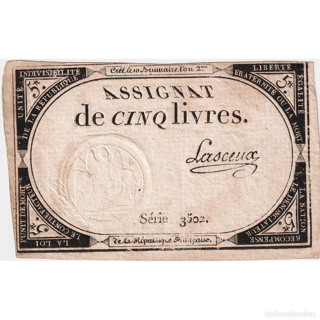 Billetes extranjeros: [#337100] Francia, 5 Livres, 1793, SERIE 3502, BC