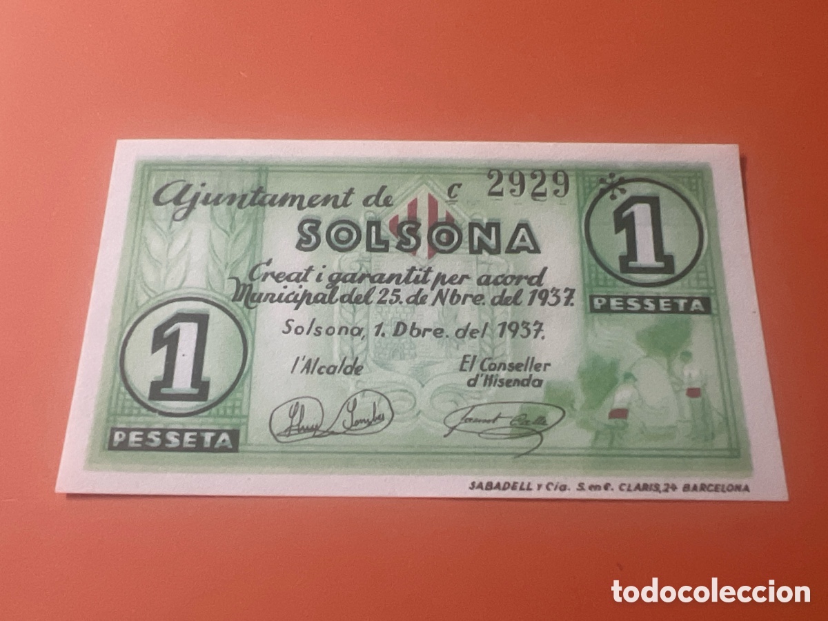 Billetes extranjeros: V166. BILLETE LOCAL GUERRA 1 PESETA AJUNTAMENT DE SOLSONA 1937