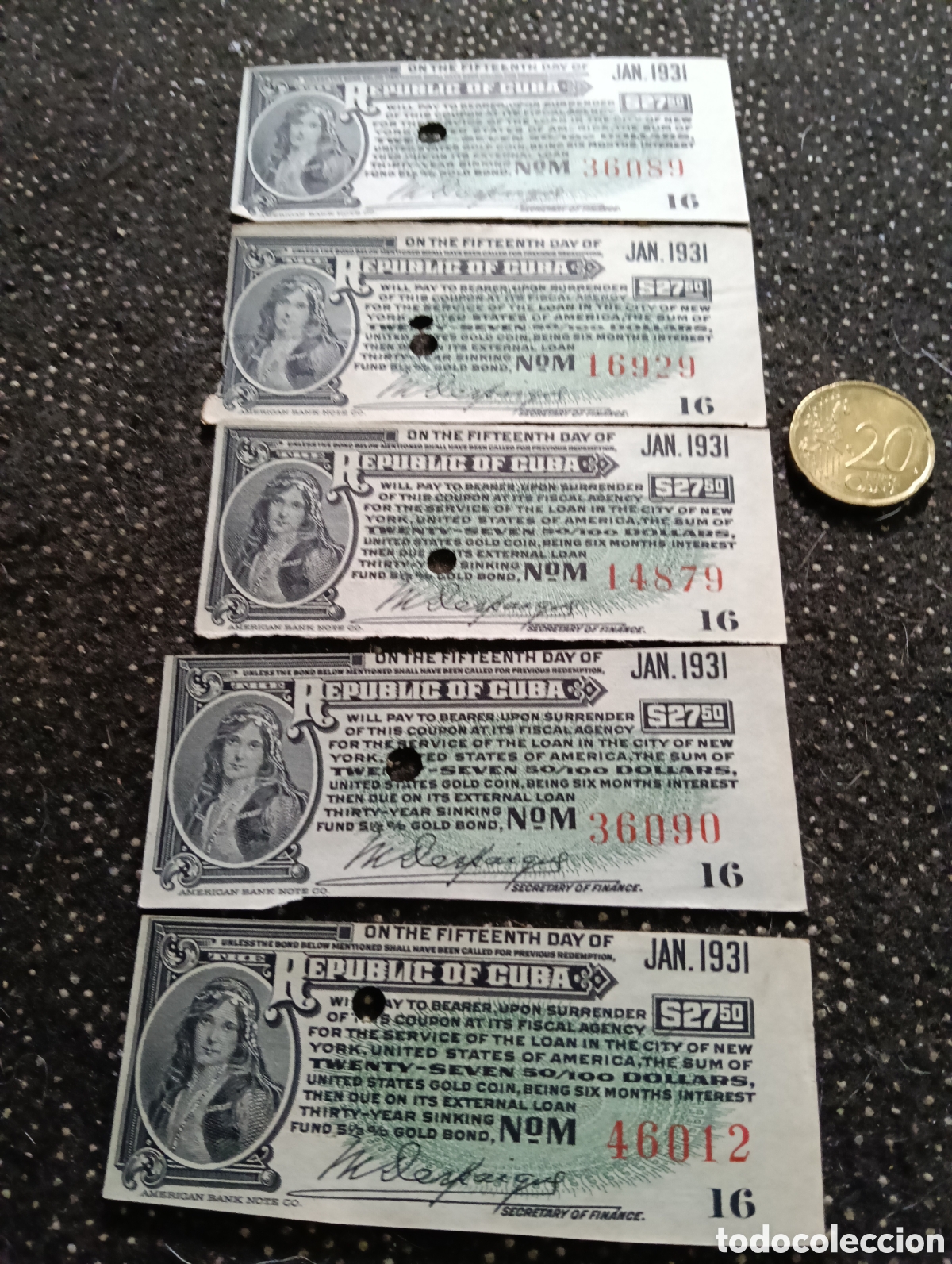 Billetes extranjeros: Cupon de pago de intereses (de $13.75 y $27.50 d&oacute;lares estadounidenses) correspondientes a bonos de